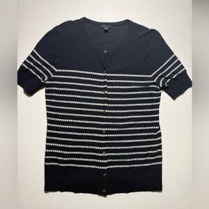 Ann Taylor Navy & White Striped button front short sleeve knit cardigan medium